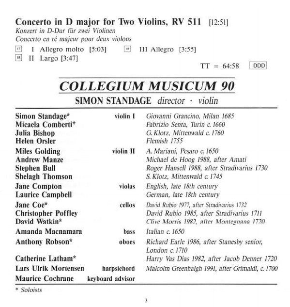 Vivaldi* - Collegium Musicum 90 / Simon Standage : Double Concertos (CD, Album)