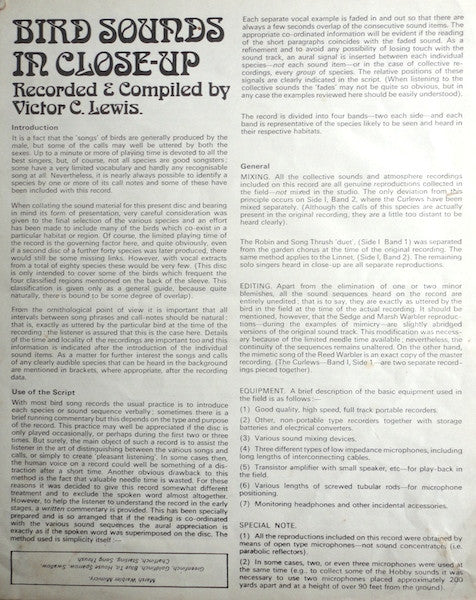 Victor C. Lewis : Bird Sounds In Close Up (LP, Album, Mono, RE)