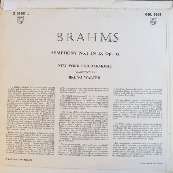 New York Philharmonic*, Bruno Walter - Brahms* : Symphony No. 2 In D, Op. 73 (LP)