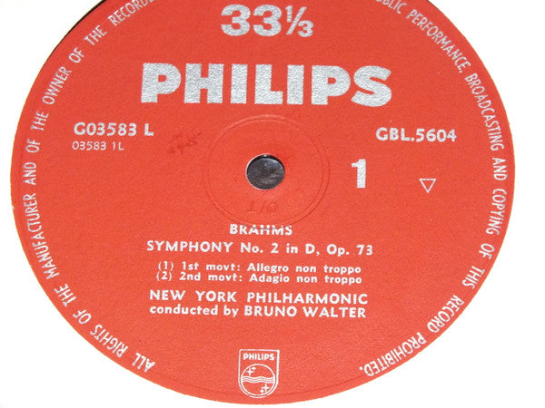 New York Philharmonic*, Bruno Walter - Brahms* : Symphony No. 2 In D, Op. 73 (LP)