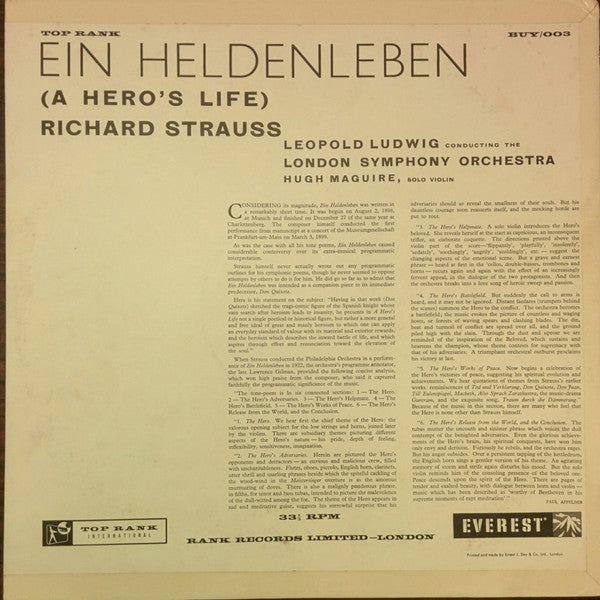 Richard Strauss, Leopold Ludwig, The London Symphony Orchestra : Ein Heldenleben Op. 40 (A Hero&#39;s Life) (LP)