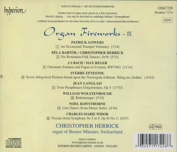 Bach* / Reger*, Bartók*, Eftestøl*, Patrick Gowers, Langlais*, Noel Rawsthorne, Widor*, William Wolstenholme - Christopher Herrick : Organ Fireworks ~ IX ~ (CD, Album, RE)