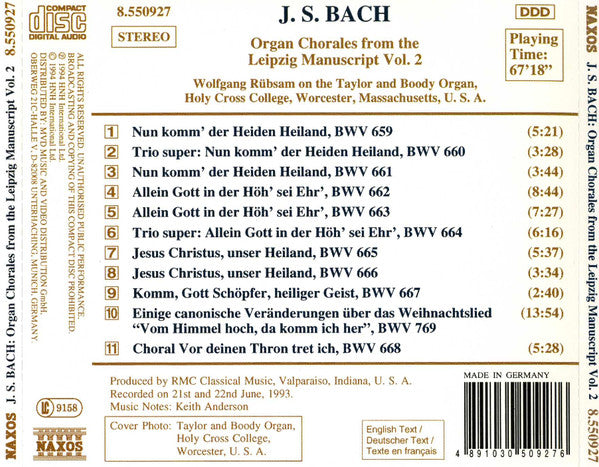 Johann Sebastian Bach, Wolfgang Rübsam (2) : Organ Chorales From The Leipzig Manuscript, Vol. 2 (CD, Album)