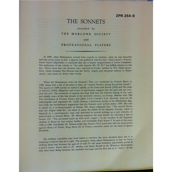 William Shakespeare Recorded by The Marlowe Dramatic Society And Professional Players Directed by George Rylands : The Sonnets (3xLP, Mono + Box)