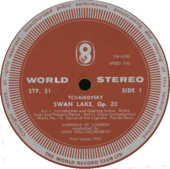 Tchaikovsky*, Sinfonia Of London* Conducted By John Hollingsworth : Swan Lake - Ballet Suite (LP, Album, Club, RE)