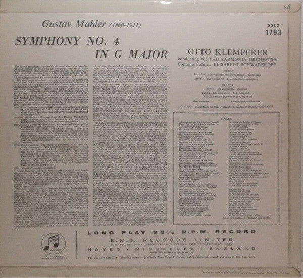 Mahler*, Otto Klemperer, Philharmonia Orchestra, Elisabeth Schwarzkopf : Symphony No. 4 (LP, Album, Mono)