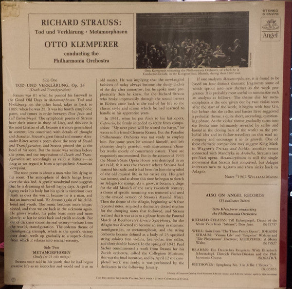 Richard Strauss - Otto Klemperer / Philharmonia Orchestra : Death And Transfiguration / Metamorphosen (LP)