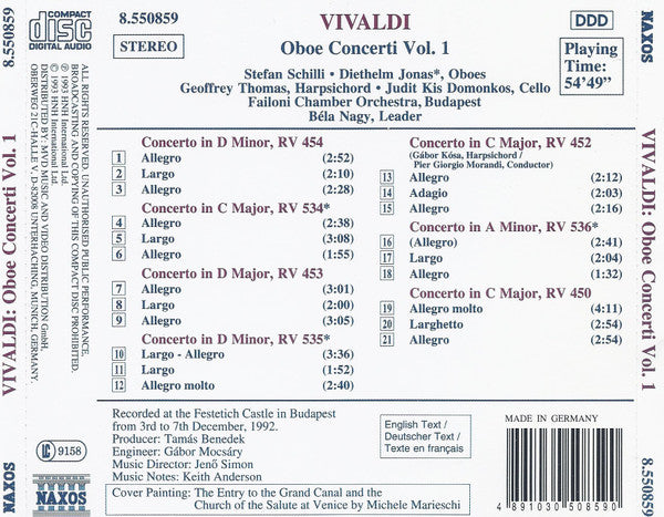 Vivaldi* - Stefan Schilli, Diethelm Jonas, Failoni Chamber Orchestra* : Oboe Concerti, Vol. 1 (CD, Album)