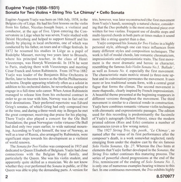 Eugène Ysaÿe - Henning Kraggerud, Bård Monsen, Lars Anders Tomter, Ole Eirik Ree : String Trio, &quot;Le Chimay&quot; / Sonata For 2 Violins / Cello Sonata (CD, Album)