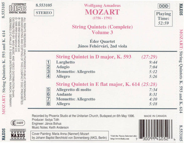 Mozart* - Éder Quartet, János Fejérvári : String Quintets (Complete) Volume 3 - K. 593 • K. 614 (CD, Album)