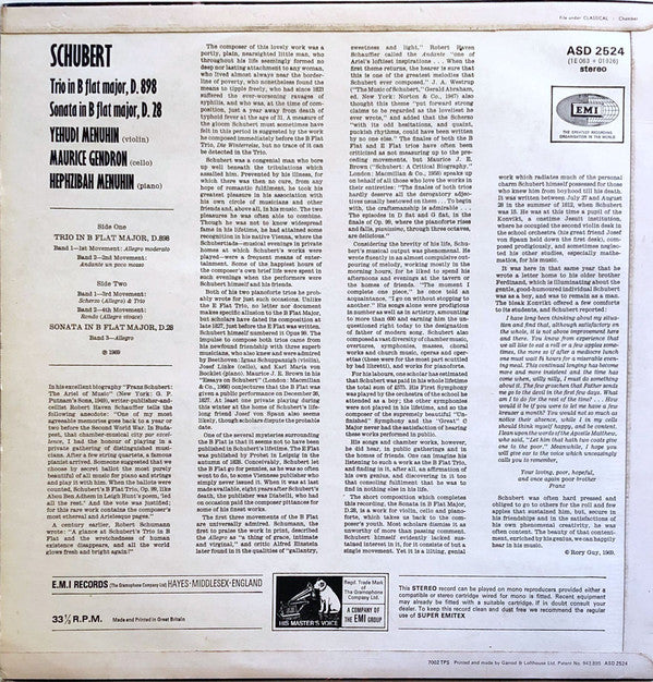 Franz Schubert : Trio No. 1 In B Flat Major, D.898 / Sonata In B Flat Major, D.28 (LP)